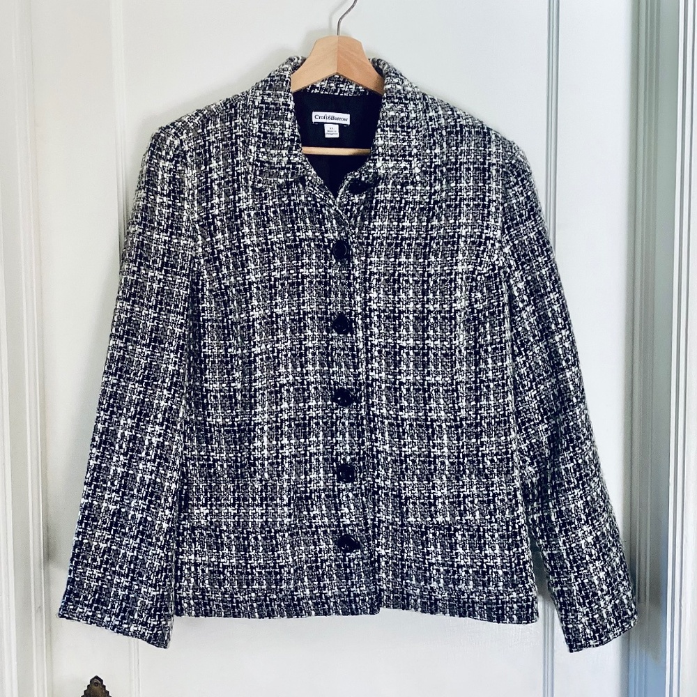 Croft & Barrow Size XL Long Sleeve Button Career Tweed Jacket Blazer Black White